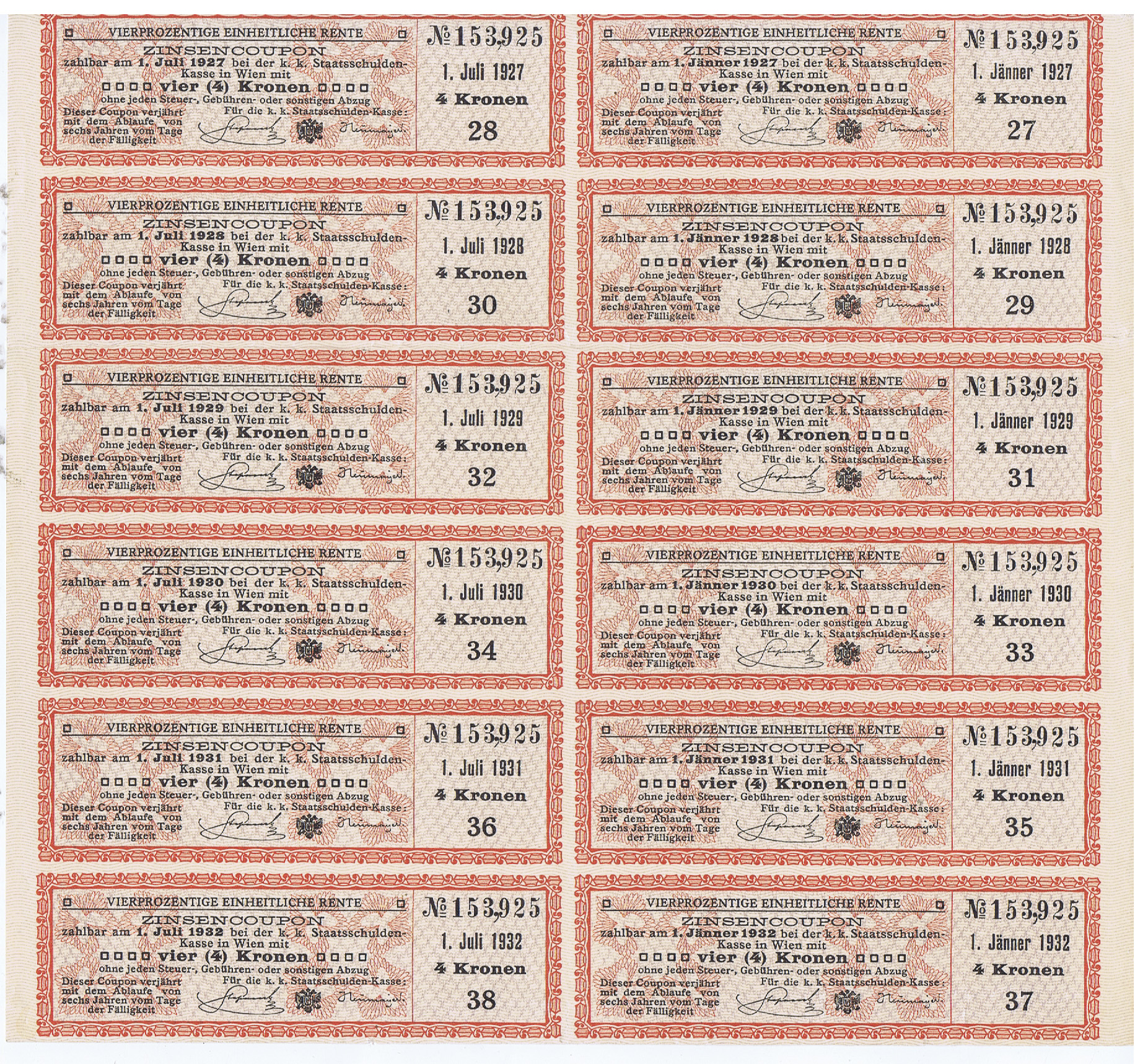  1 Einlagebeleg über 200 Kronen von 1919 und 1 Bogen Zinsencoupons zur österr. k.k. Staatsschuldverschreibung von 1927 bis 1932.